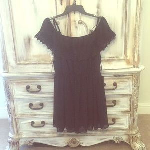 Black off the shoulder lace ruffle dress